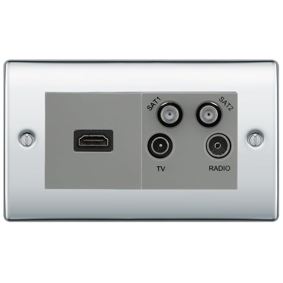 BG Nexus Polished Chrome 4G Faceplate with HDMI + TV/FM/SAT Module - Grey Insert