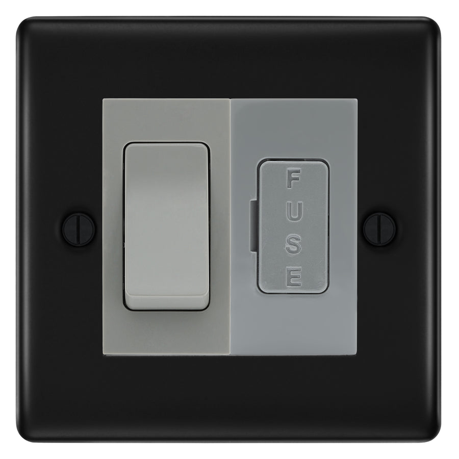 BG Nexus Matt Black 2 Way Light Switch & 13A Fused Spur Plate | Grey Insert