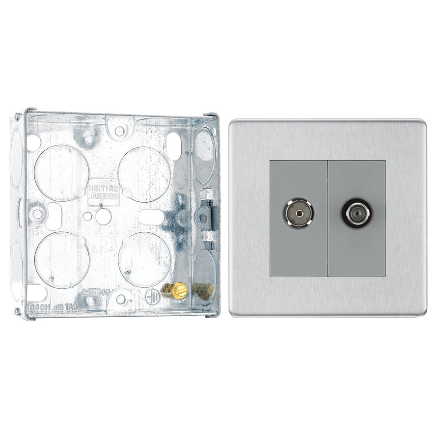 BG Screwless Brushed Steel 2 Gang Satellite & Co-axial Socket FBS65 with 25mm Steel Back Box