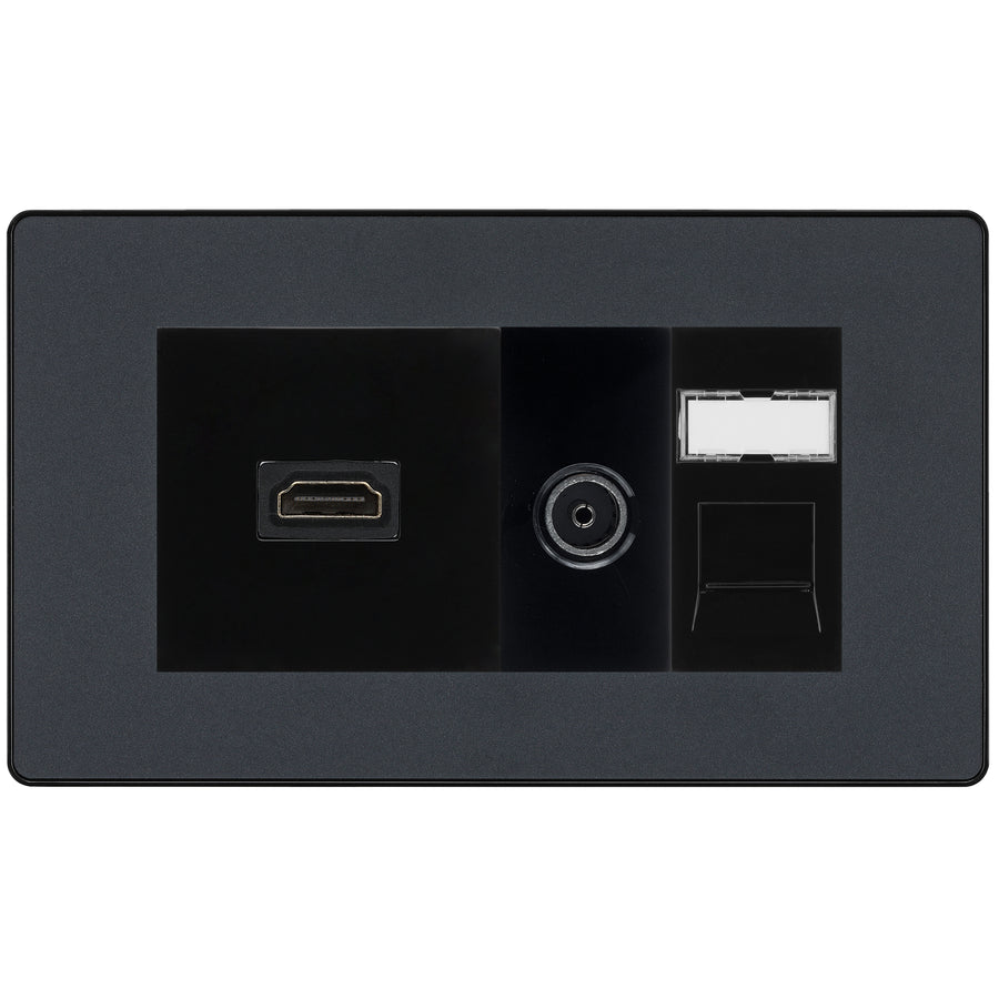 BG Evolve Media Wall Plate — TV Aerial, HDMI & CAT6 | Matt Grey Screwless