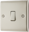 NPR12 Front - This pearl nickel finish 20A 16AX single light switch from British General will operate one light in a room. The 2 way switching allows a second switch to be added to the circuit to operate the same light from another location (e.g. at the top and bottom of the stairs).