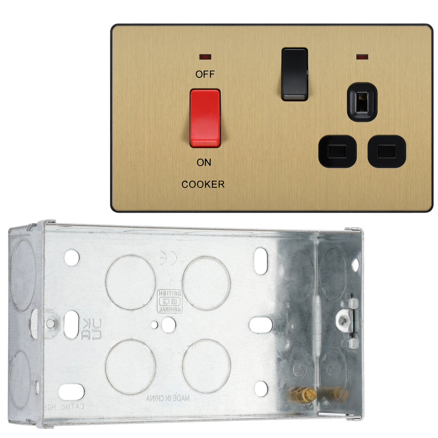 BG Evolve Satin Brass 45A Switch 13A Switched Socket Cooker Control Unit PCDSB70B with 35mm Steel Back Box