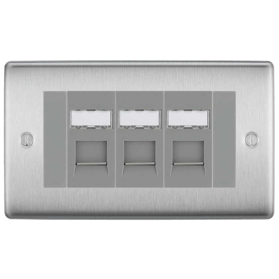 BG Nexus Brushed Steel 3 Gang RJ45 Cat6 Data Socket Outlet Grey Inserts