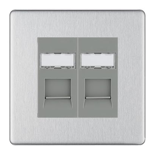 BG Screwless Brushed Steel 2 Gang RJ45 Data Socket FBSRJ452G Grey Inserts