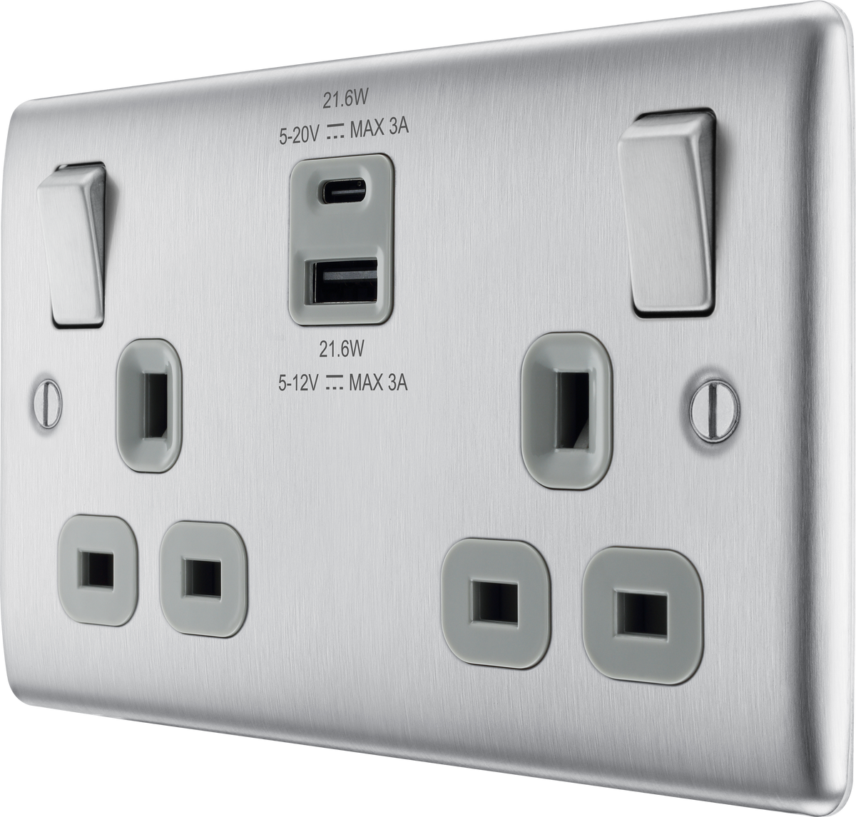 BG NBS22UAC22G Brushed Steel Double Socket with USB 22W Type A & Type C ...