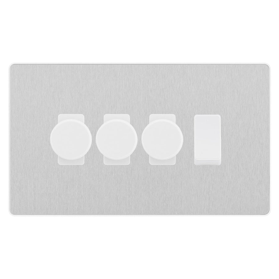 BG Evolve Brushed Steel 4 Gang Light Switch 3x Trailing Edge LED Dimmer 1x 2 Way Custom Switch