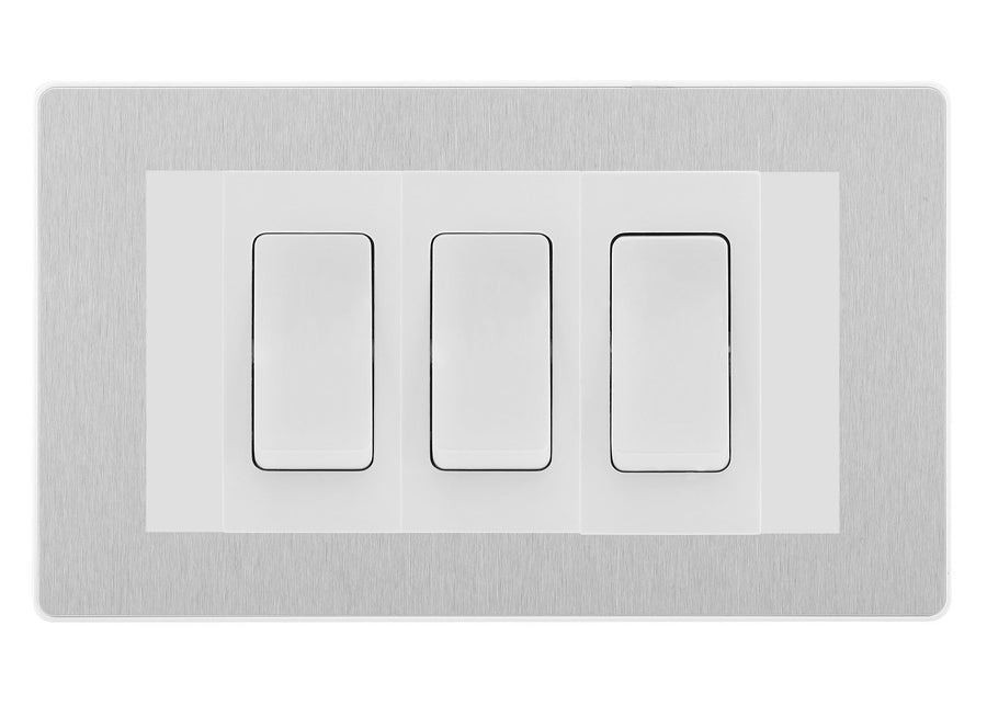BG Evolve Brushed Steel 3G Switch 2x Intermediate 1x 2 Way Switch - White Insert