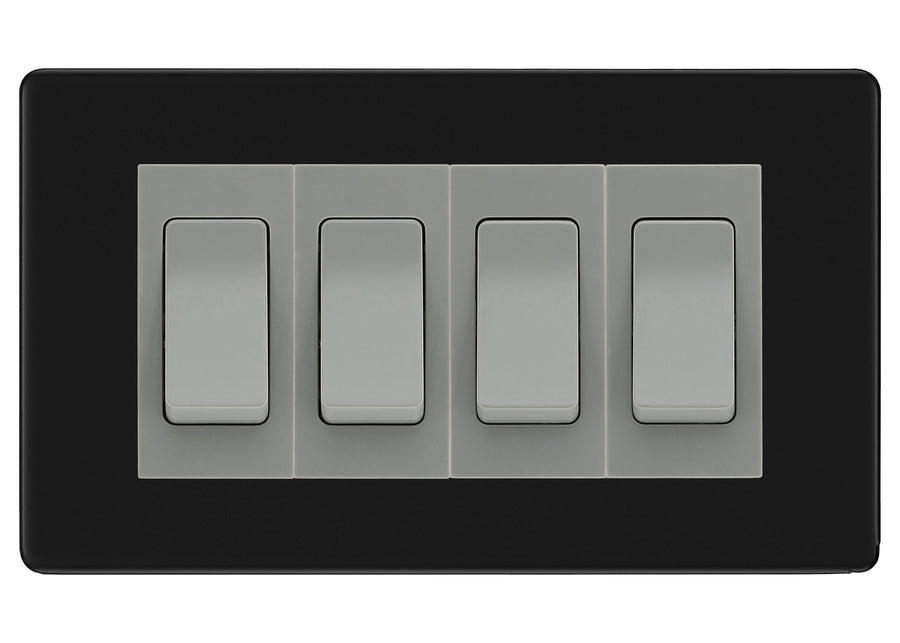 BG Electrical Screwless Matt Black 4-Gang Light Switch 2x 2-Way + 2x Intermediate – Grey Inserts