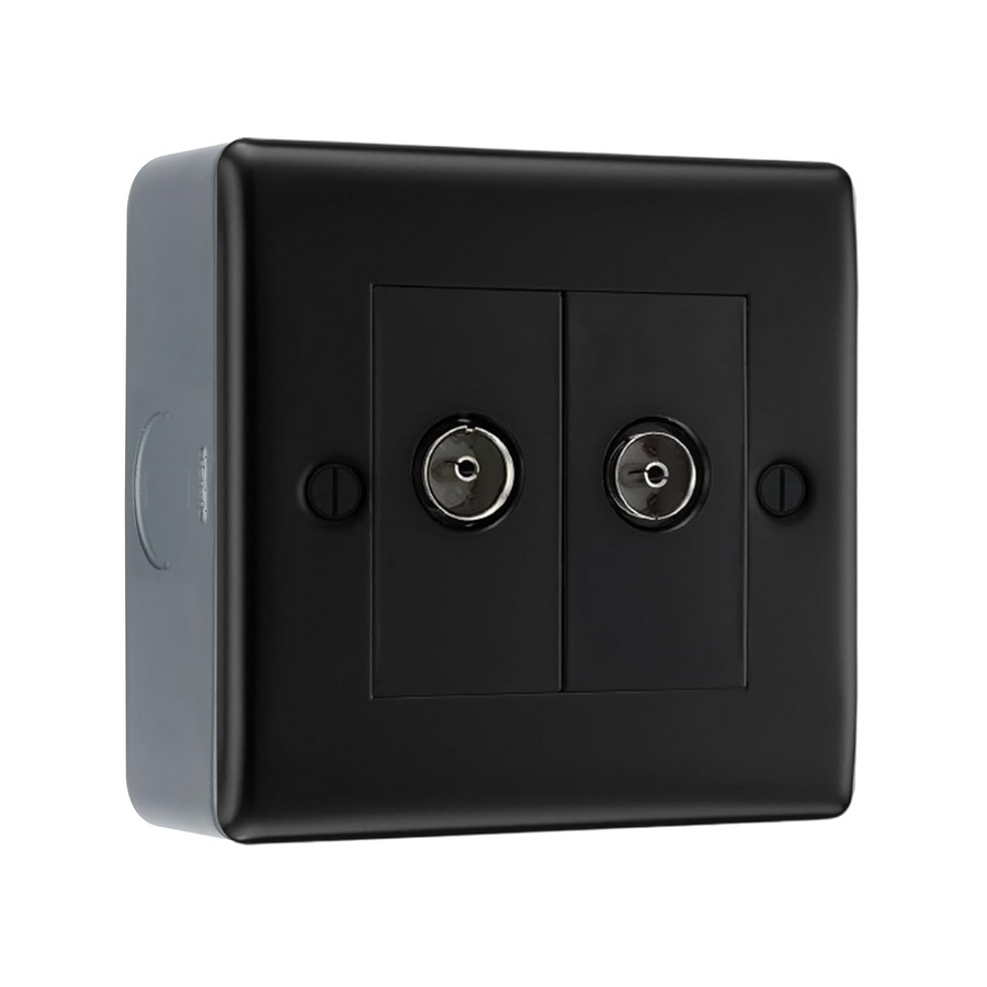 BG Nexus Matt Black 2 Gang Double TV/FM Diplex Socket & Surface Pattress Back Box