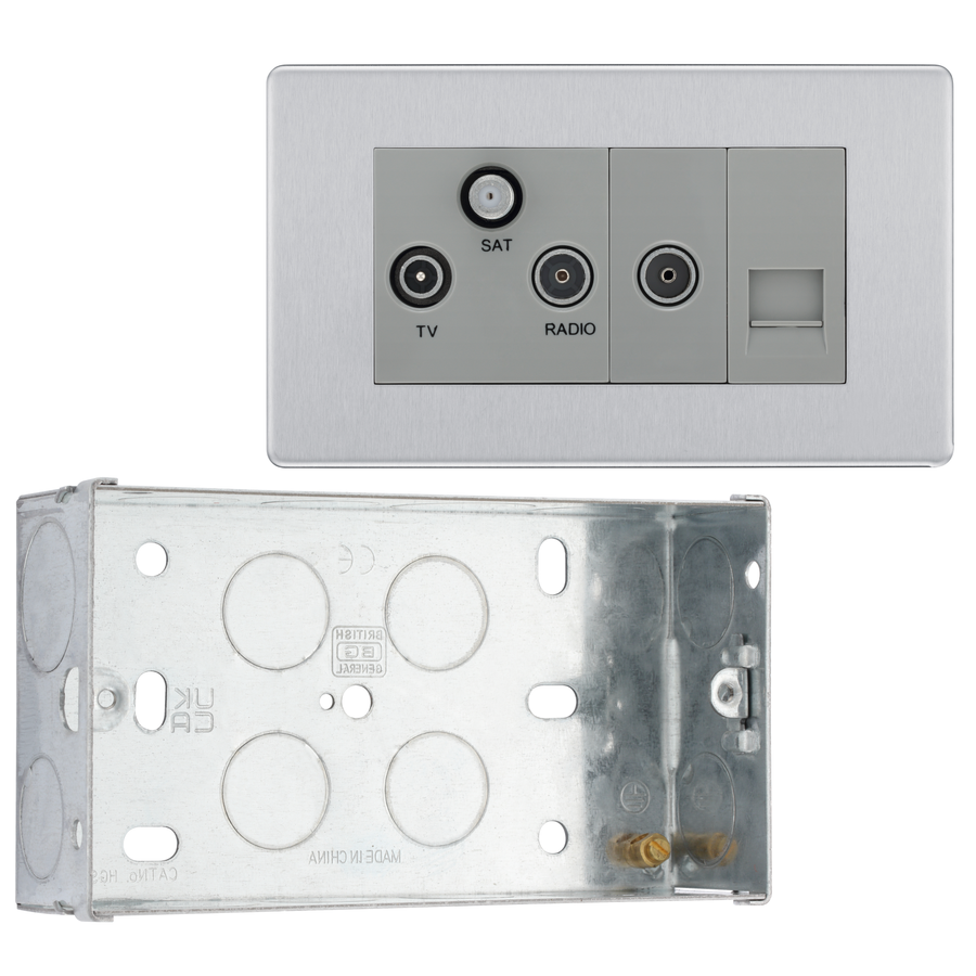 BG Screwless Brushed Steel Triplex TV/FM/Sat Socket + Return & Tel. FBS68 with 35mm Steel Back Box