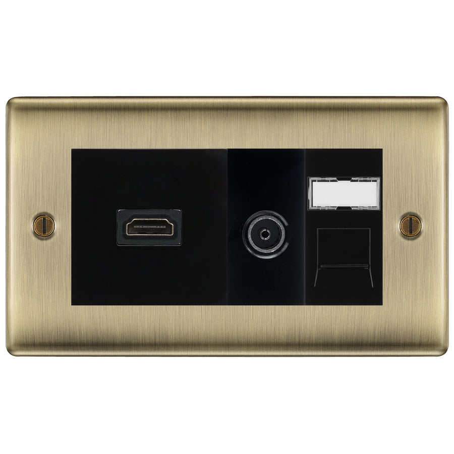 BG Nexus Antique Brass Media Wall Plate TV Aerial, HDMI & CAT6 Outlet - Black Insert