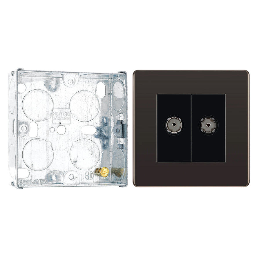 BG Screwless Black Nickel 2 Gang Coaxial TV Socket FBN61 with 25mm Steel Back Box