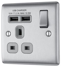 BG NBS21U2G Nexus Metal Brushed Steel 1 Gang 13A 2x USB-A 2.1A Switched Socket - Grey Insert