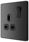 PCDBC21B Side - This Evolve Black Chrome 13A single switched socket from British General has been designed with angled in line colour coded terminals and backed out captive screws for ease of installation, and fits a 25mm back box making it an ideal retro-fit replacement for existing sockets.