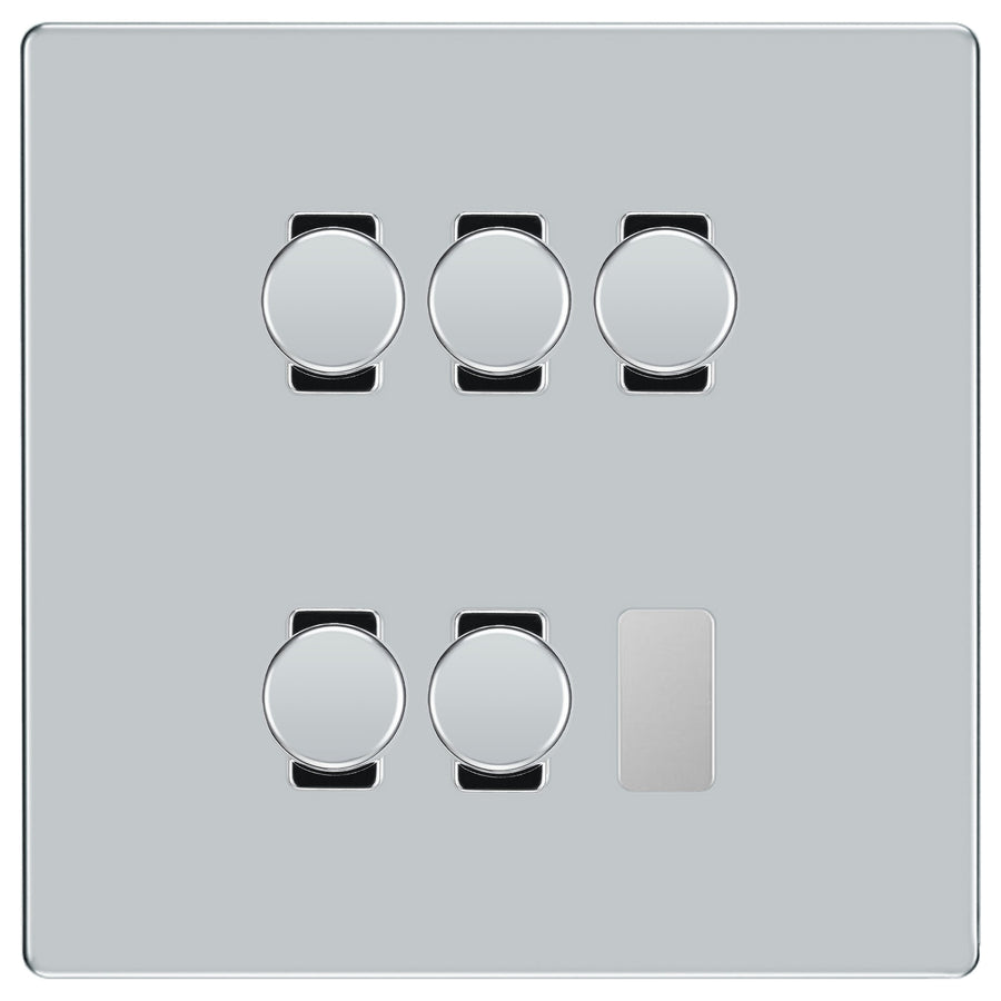 BG Polished Chrome Screwless Flat Plate 5 Gang Trailing Edge LED Dimmer Light Switch 2 Way Custom Switch