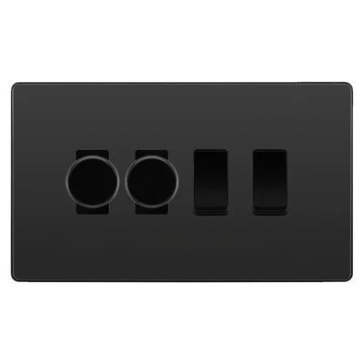 BG Evolve Black Chrome 4 Gang Switch 2x Trailing Edge LED Dimmer 2x Intermediate Custom Grid Switch