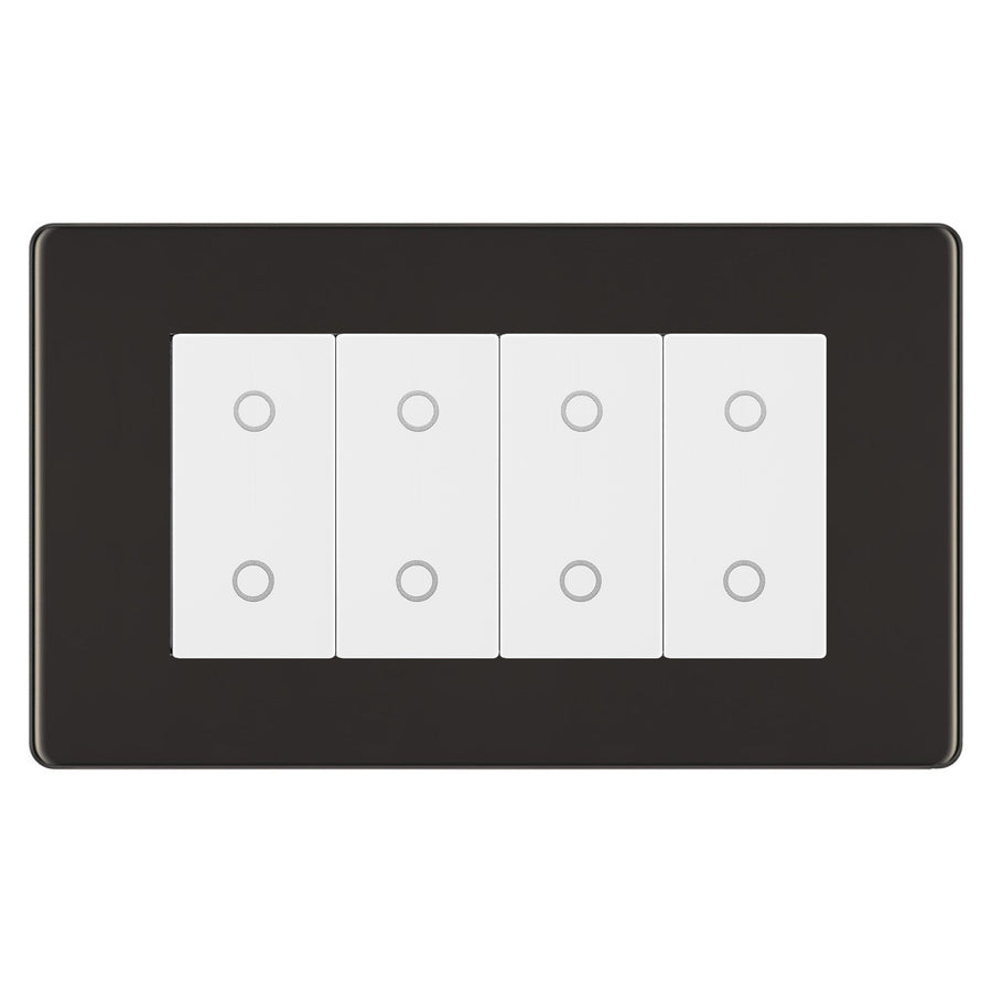 BG Nexus Screwless Black Nickel Quad Secondary Touch Dimmer Switch White Inserts FBNTDS4W