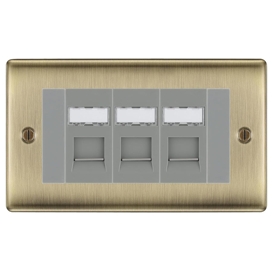 BG Nexus Antique Brass 3 Gang RJ45 Cat6 Data Socket Outlet Grey Inserts