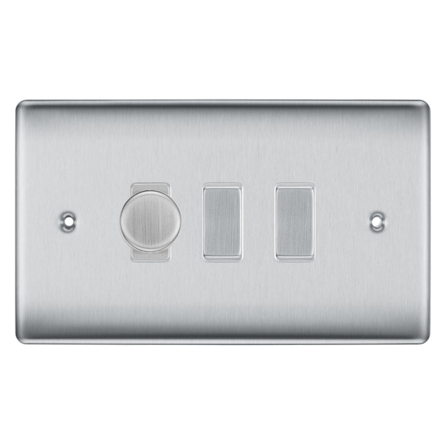 BG Brushed Steel 3 Gang Light Switch 1x Trailing Edge LED Dimmer 2x 2 Way Custom Switch