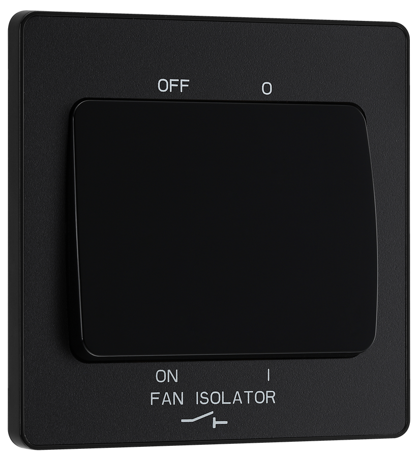 PCDMB15B Front - This Evolve Matt Black 10A triple pole fan isolator switch from British General provides a safe and simple method of isolating mechanical fan units. This switch has a low profile screwless flat plate that clips on and off, making it ideal for modern interiors.