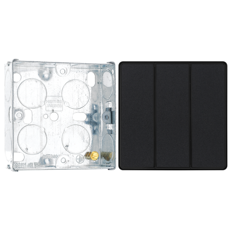 BG Evolve Matt Black 2 Way Triple Edge to Edge Rocker Switch PCDMB43EB with 25mm Steel Back Box