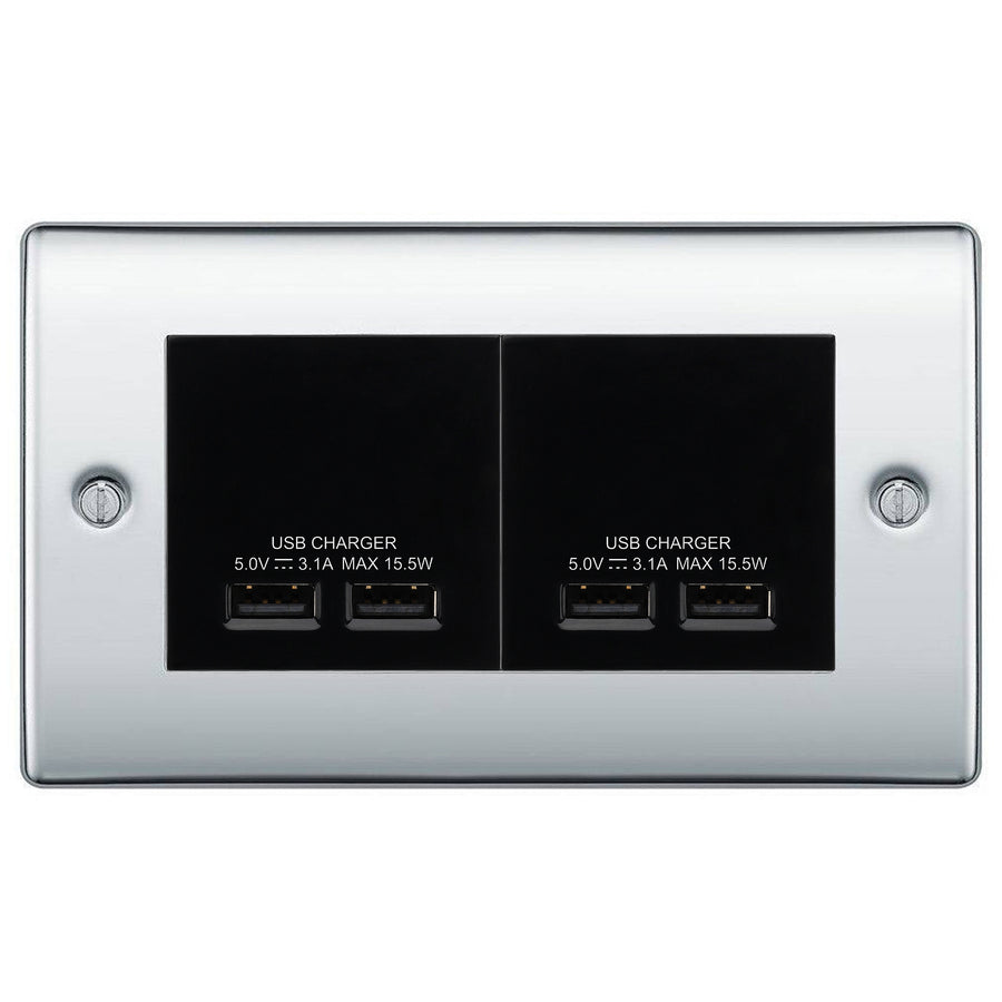 BG Nexus Polished Chrome 4G Euro Plate with 2X USB-A Dual Chargers Black Insert