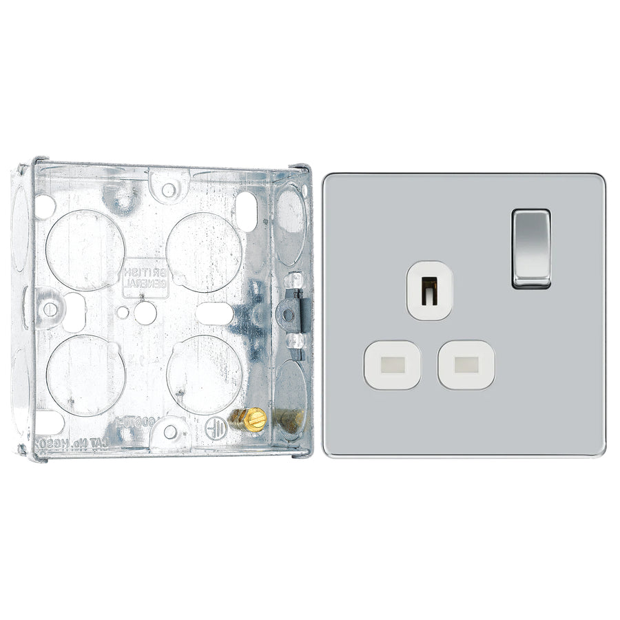 BG Screwless Polished Chrome 13A Single Switched Socket FPC21W with 25mm Steel Back Box