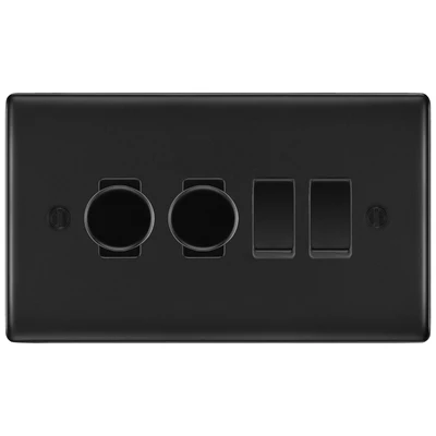 BG Nexus Matt Black 4 Gang Light Switch Grid – 2x Trailing-Edge LED Dimmer, 1x Intermediate, 1x 2-Way Switch