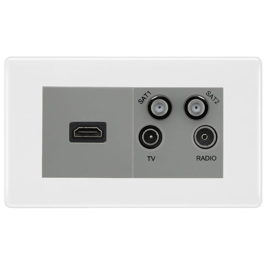 BG Nexus White Moulded 4G Faceplate with HDMI + TV/FM/SAT Module - Grey Insert