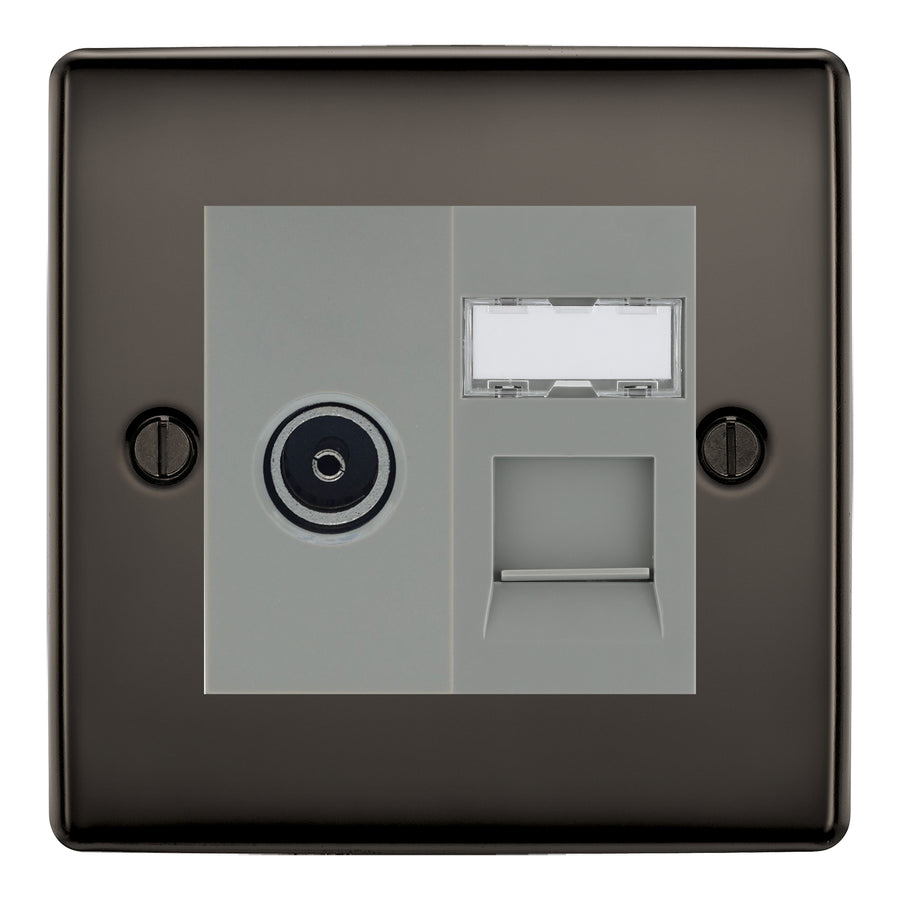 BG Nexus Black Nickel TV Aerial & RJ45 CAT6 Data Socket - Grey Insert