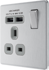 Newlec BG FBS21U2G Nexus Flatplate Screwless Brushed Steel 1 Gang 13A 1 Pole 2x USB-A 2.1A Switched Socket - Grey Insert