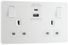 PCDCL22UAC30W Front - This Evolve pearlescent white 13A power socket from British General with integrated fast charge USB-A and USB-C ports delivers a 50% charge to mobile phones in just 30 minutes. 