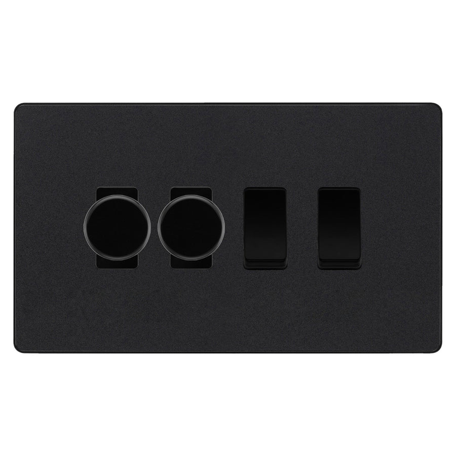 BG Evolve Matt Black 4 Gang Light Switch 2x Trailing Edge LED Dimmer 2x 2 Way Custom Switch