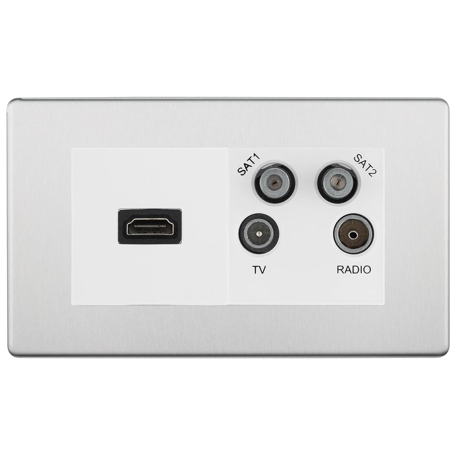 BG Screwless Brushed Steel 4G Faceplate with HDMI + TV/FM/SAT Module - White