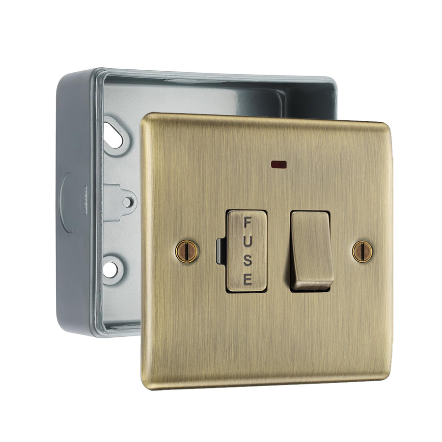 BG Nexus Antique Brass 13A Neon Switched Fused Spur Unit with Surface Pattress Back Box