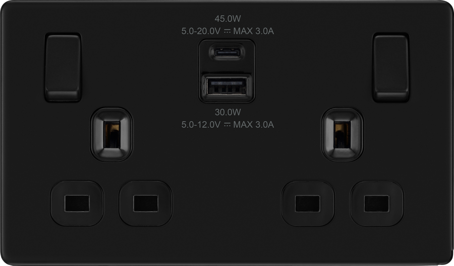 BG Screwless FFB22UAC45B Matt Black Double Socket with USB 45W Type A & C USB