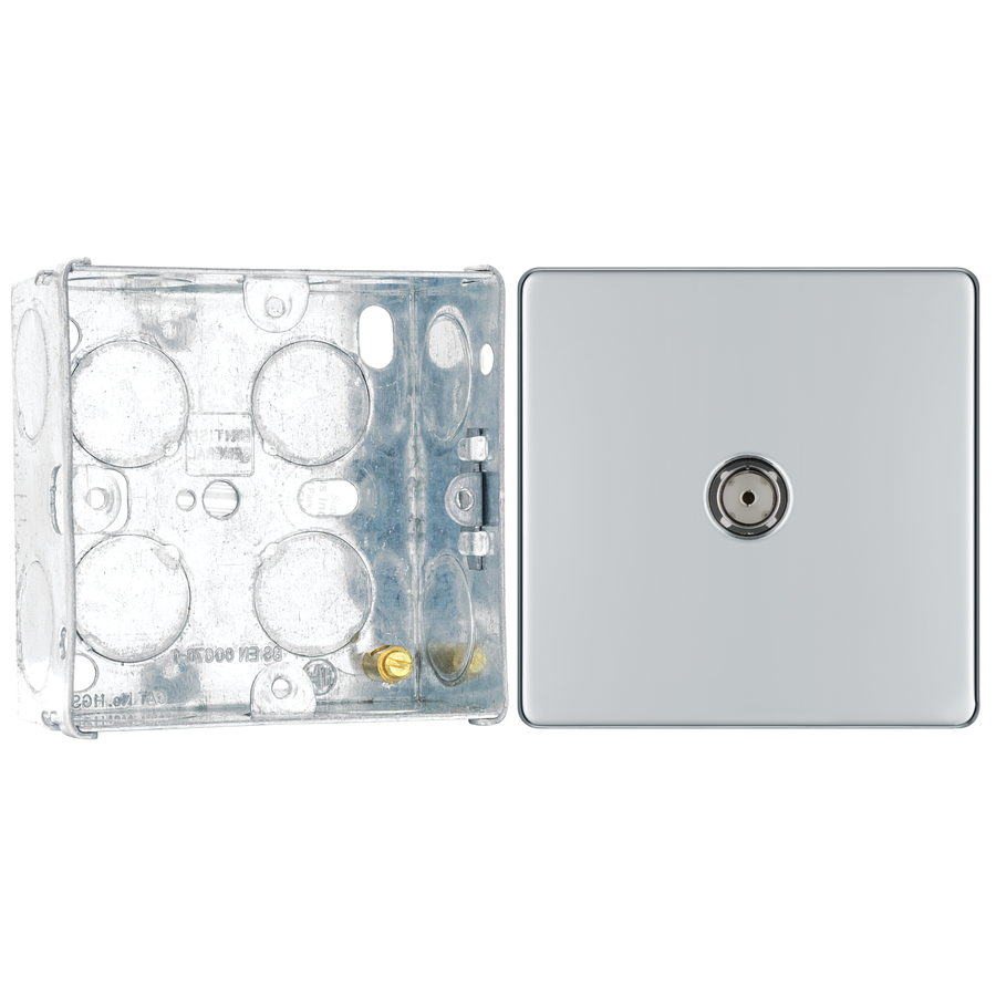 BG Screwless Polished Chrome 1 Gang Coaxial TV Socket FPC60 with 35mm Steel Back Box