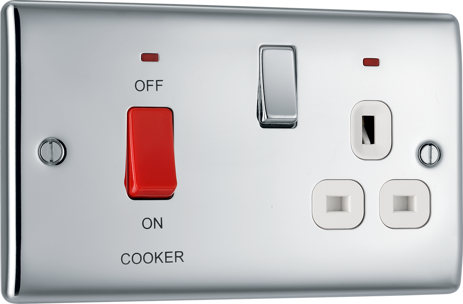 NPC70W Front - This 45A cooker control unit from British General includes a 13A socket for an additional appliance outlet, and has flush LED indicators above the socket and switch.