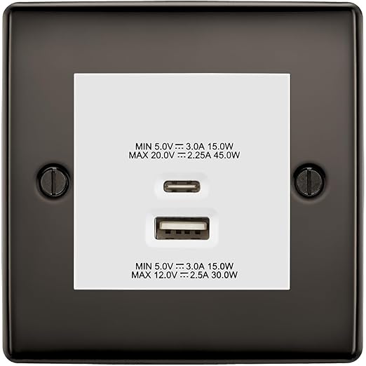 BG Nexus Black Nickel 45W USB Wall Socket Euro Module USB-A & C - White Insert