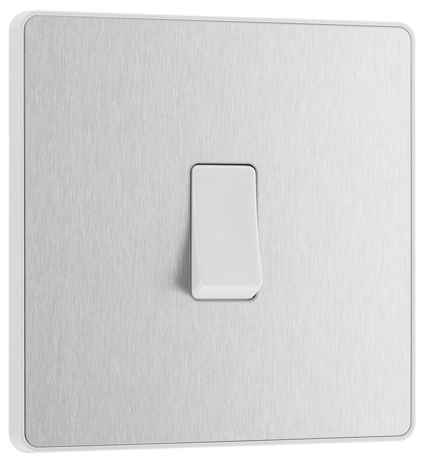 PCDBS12W Front - This Evolve Brushed Steel 20A 16AX single light switch from British General will operate one light in a room.