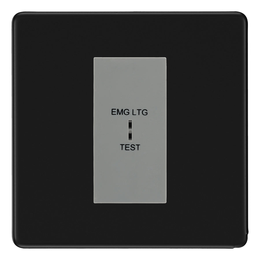 BG Flatplate Screwless Matt Black 20AX 2 Way Emergency Lighting Test Key Switch - Key Included - Grey Insert
