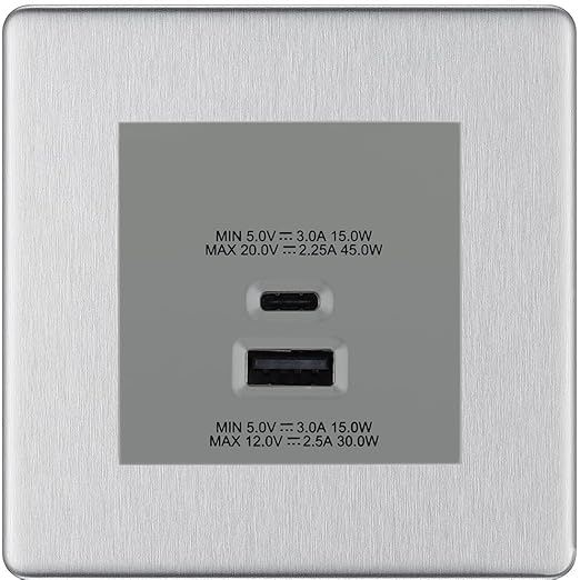 BG Screwless Brushed Steel 45W USB Wall Socket Euro Module USB-A & C-Grey Insert