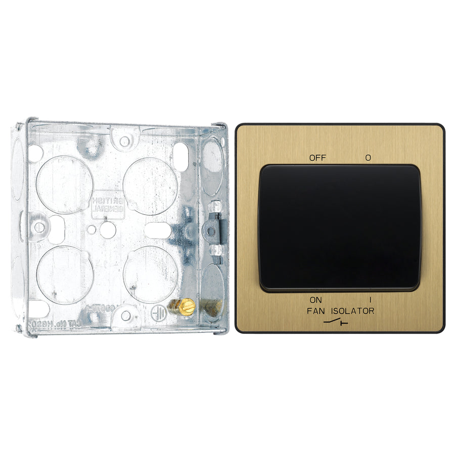 BG Evolve Satin Brass Fan Isolator Switch PCDSB15B with 25mm Steel Back Box