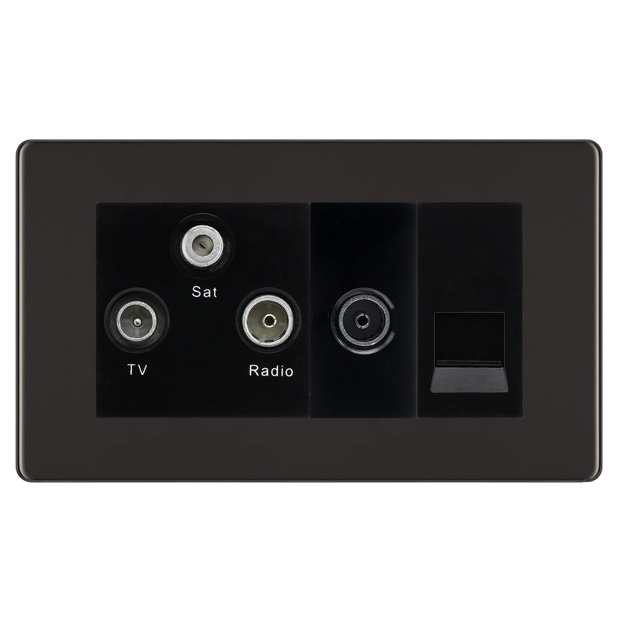 BG Screwless Black Nickel TV/FM/SAT + Return & 1 Gang Tel - Screened Triplex Socket FBN68B