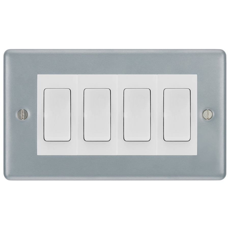 BG Metal Clad 4 Gang Light Switch 1x Intermediate 3x 2 Way - White Insert