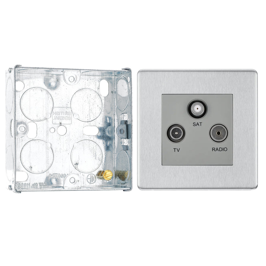 BG Screwless Brushed Steel Triplex TV/FM/Sat Socket FBS67 with 25mm Steel Back Box