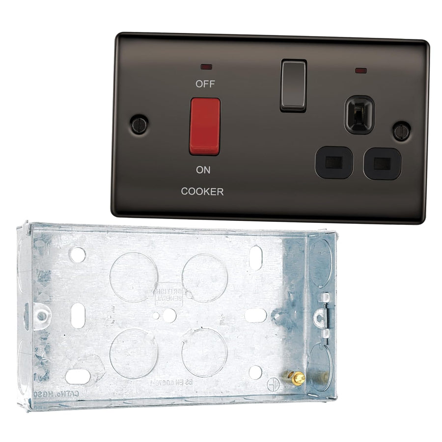BG Nexus Black Nickel 45A DP Switch 13A Socket Neon NBN70B and 25mm Steel Back Box