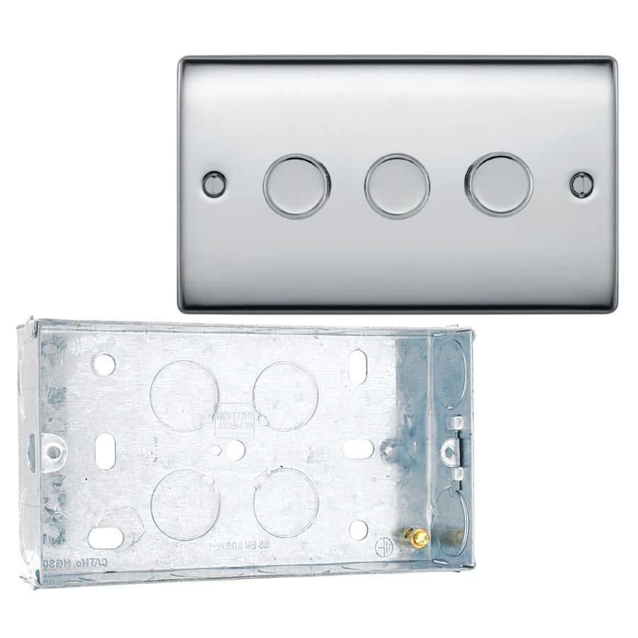 BG Nexus Polished Chrome 200W 2 Way Triple Trailing Edge Dimmer Switch NPC83 with 25mm Steel Back Box