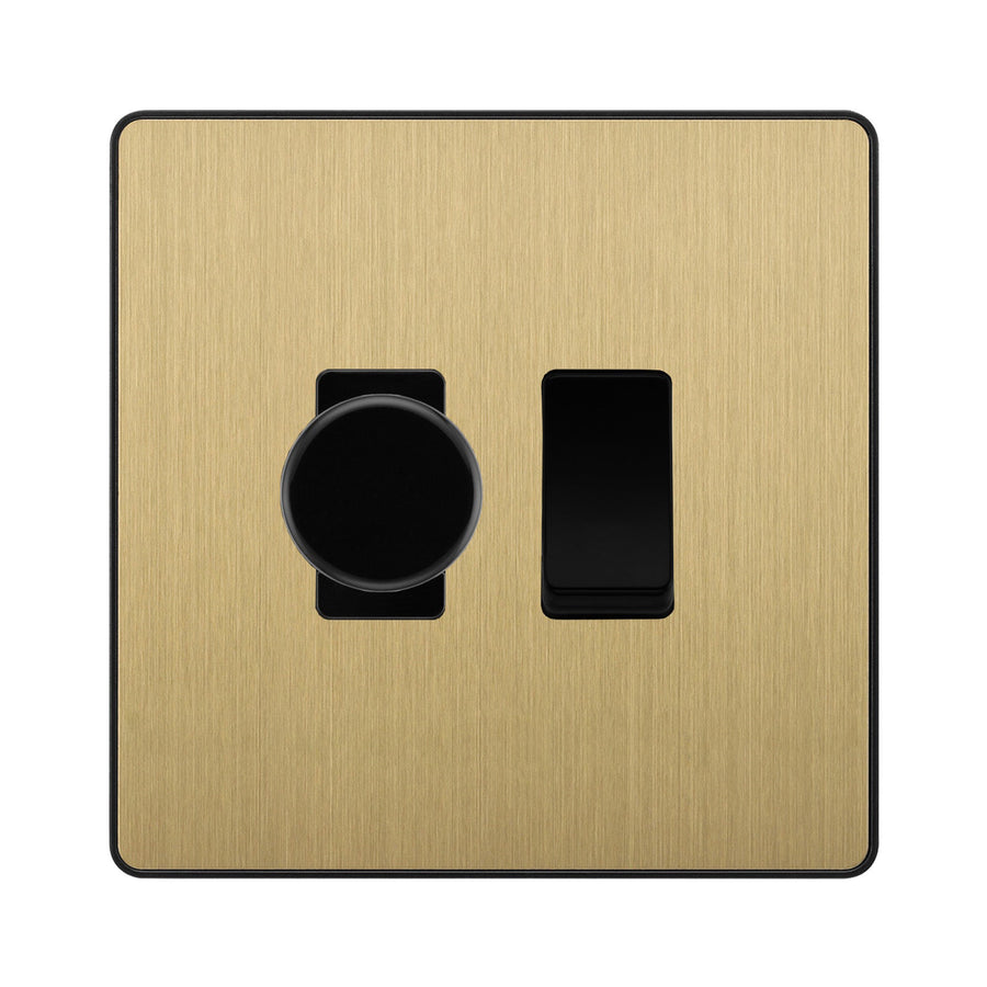 BG Evolve Satin Brass 2 Gang Switch 1x Trailing Edge LED Dimmer 1x Intermediate Grid Switch