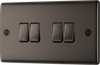 NBN44 Front - This black nickel finish 20A 16AX quadruple light switch from British General can operate 4 different lights whilst the 2 way switching allows a second switch to be added to the circuit to operate the same light from another location (e.g. at the top and bottom of the stairs).